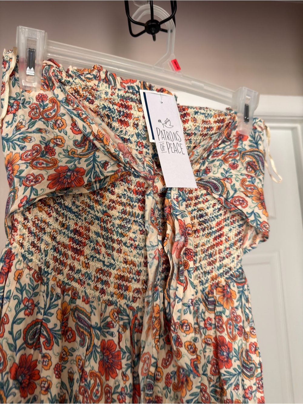 Patrons of Peace Floral Smocked Waist Jumpsuit in Cream, Orange & Teal